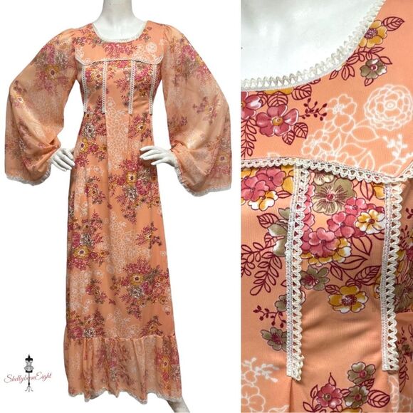 Vintage 70s Peach Floral Lace Trim Maxi Dress Goddess Cottage Core Gown XS S 2 4 - Picture 1 of 16